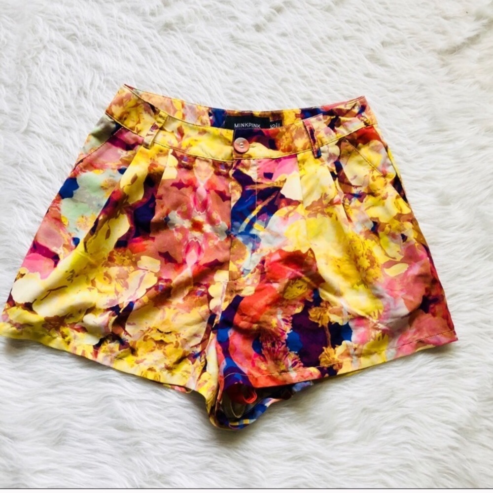 MINKPINK Floral High Waisted Shorts Yellow Pink Abstract Pleated Womens XS